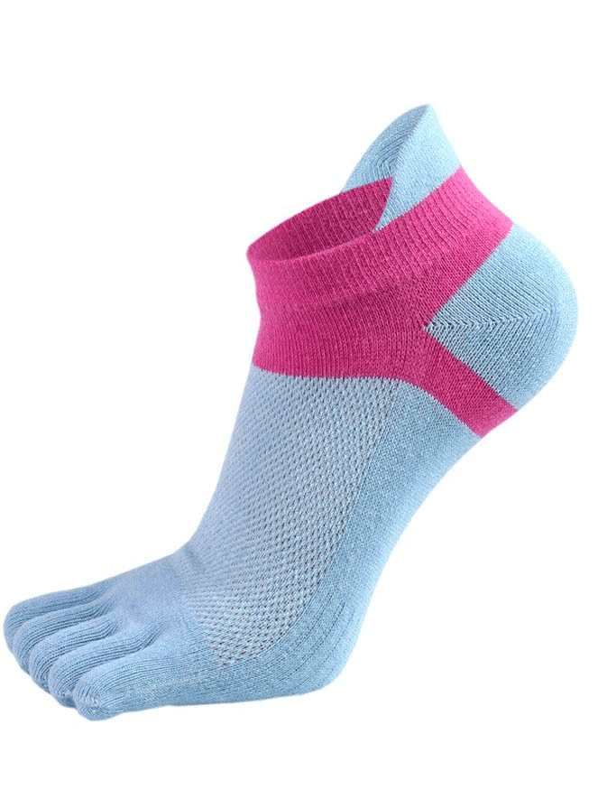 Colorful cotton five-finger short sock in blue and pink for women, providing comfort and style with sweat-wicking, antibacterial features.